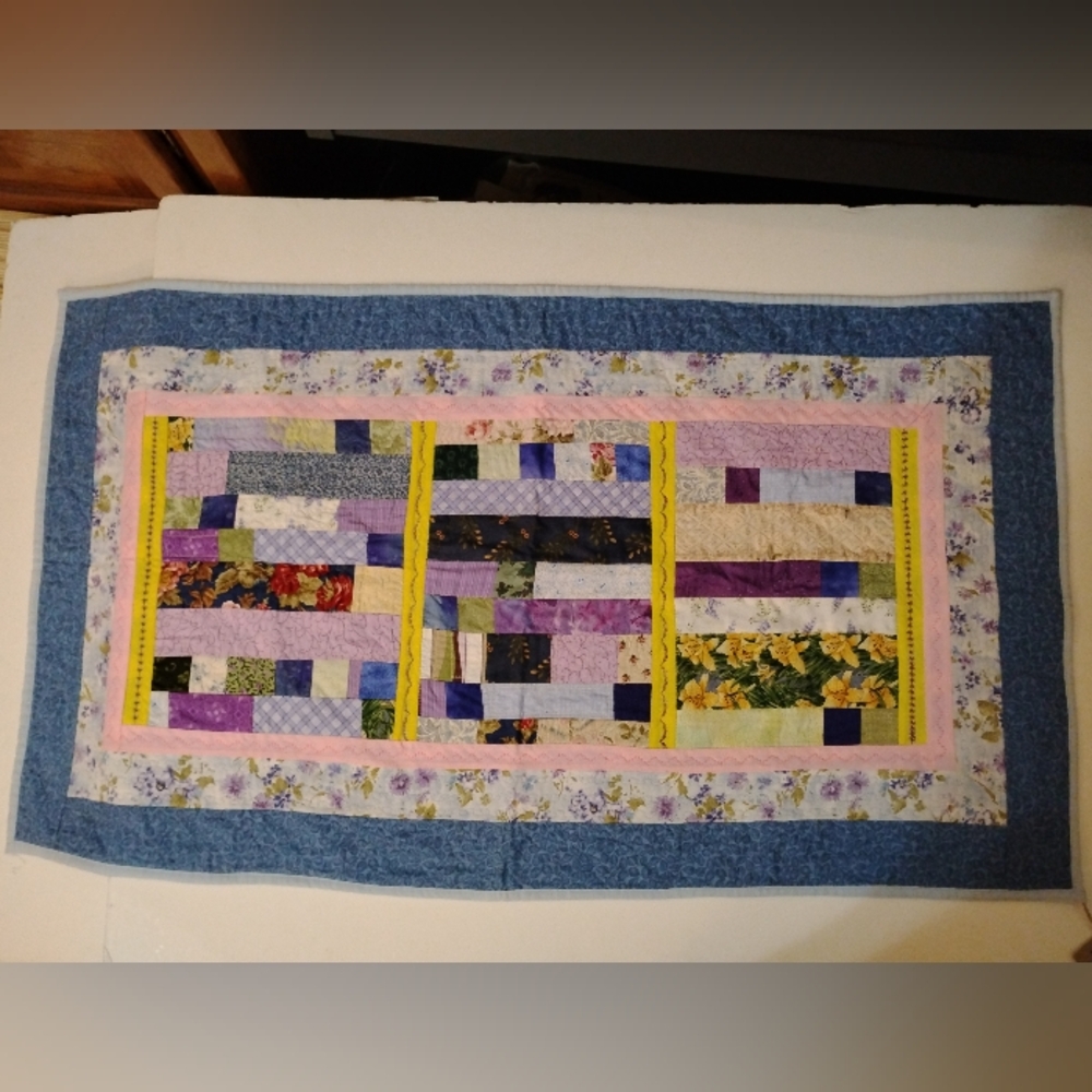 Patchwork Quilt with Blue Yellow and Purple Accents 43.5' x 24'